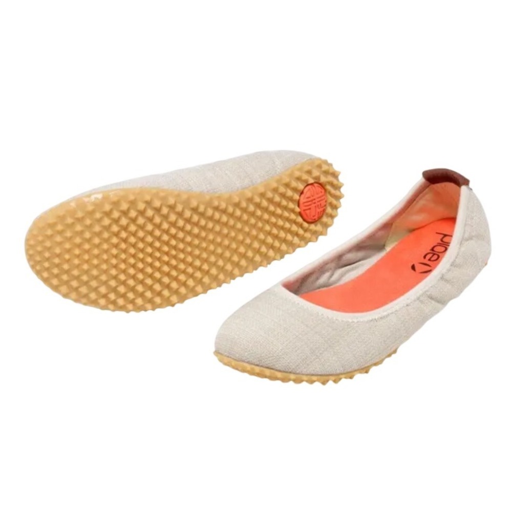 Plae Girls Ballet Flats Beige Linen Textile Studded Gum Sole Shoes Size 5